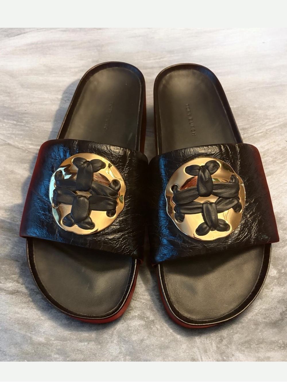 TORY BURCH Woven Double T Slide Leather Sandals Size 8